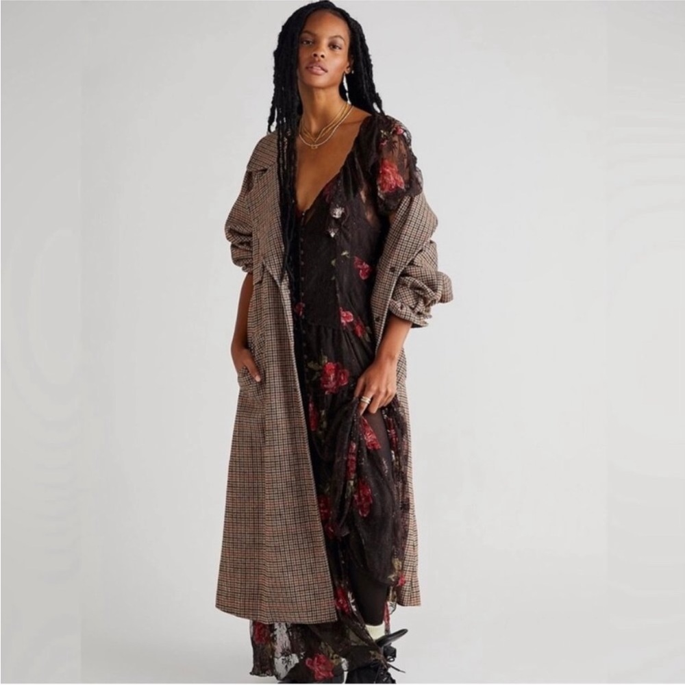 Free People Hollis Black Floral Lace Button Front Flutter Sleeve Maxi Dress